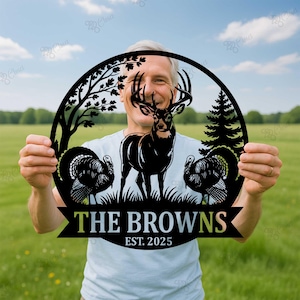 Puede incluir: Letrero familiar de metal negro con un ciervo, pavos, &aacute;rboles y el texto "THE BROWNS EST. 2025" en un dise&ntilde;o circular. El letrero se muestra frente a un campo verde y un cielo azul.