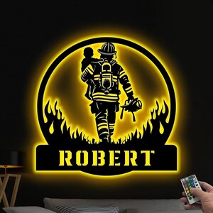 Custom Firefighter Metal Sign with LED Lights, Personalized Fireman Name Sign, Fireman Metal Wall Art, Firefighter Gift, Dad Gift