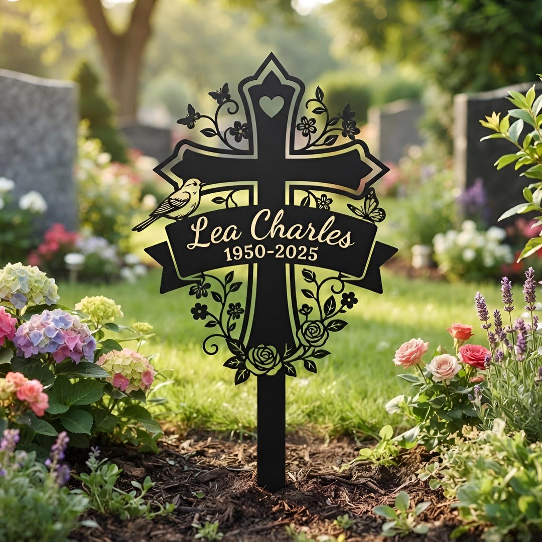 Personalized Memorial Cross Metal Sign, Custom Bird Butterfly Grave ...