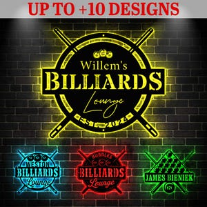 May include: A circular wall sign featuring a yellow neon-style outline of two crossed billiard cues behind a central panel. The text reads Willem's BILLIARDS Lounge EST. 2024. Additional smaller neon signs in blue, red, and green are displayed below.