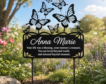 Estaca conmemorativa de mariposa personalizada para jardín, letrero de recuerdo de metal personalizado, marcador de tumba para exteriores, regalo de condolencia