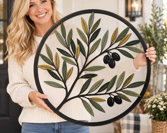 Olive Branch Metal Wall Art, Botanical Round Wall Decor, Mediterranean Home Accent, Nature Inspired Wall Hanging, Kitchen Decor