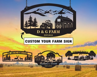 May include: A customisable metal sign for a farm, featuring a barn, tractor, and mountains. The sign reads "D & G Farm Est. 2018" and "Custom Your Farm Sign".