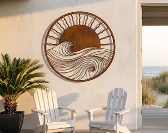 Sun Wave Metal Wall Art, Beach Ocean Sun Wave Sign, Coastal Sunset Patio Decor, Beach House Decor, Ocean Inspired Home Decor