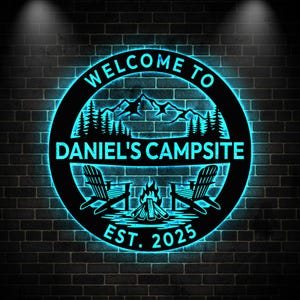 カスタムキャンプ用メタルサイン LEDライト、キャンプ場サイン、キャンプサイン、ファイヤーピットサイン、レイクハウスサイン、屋外装飾、新築祝いギフト