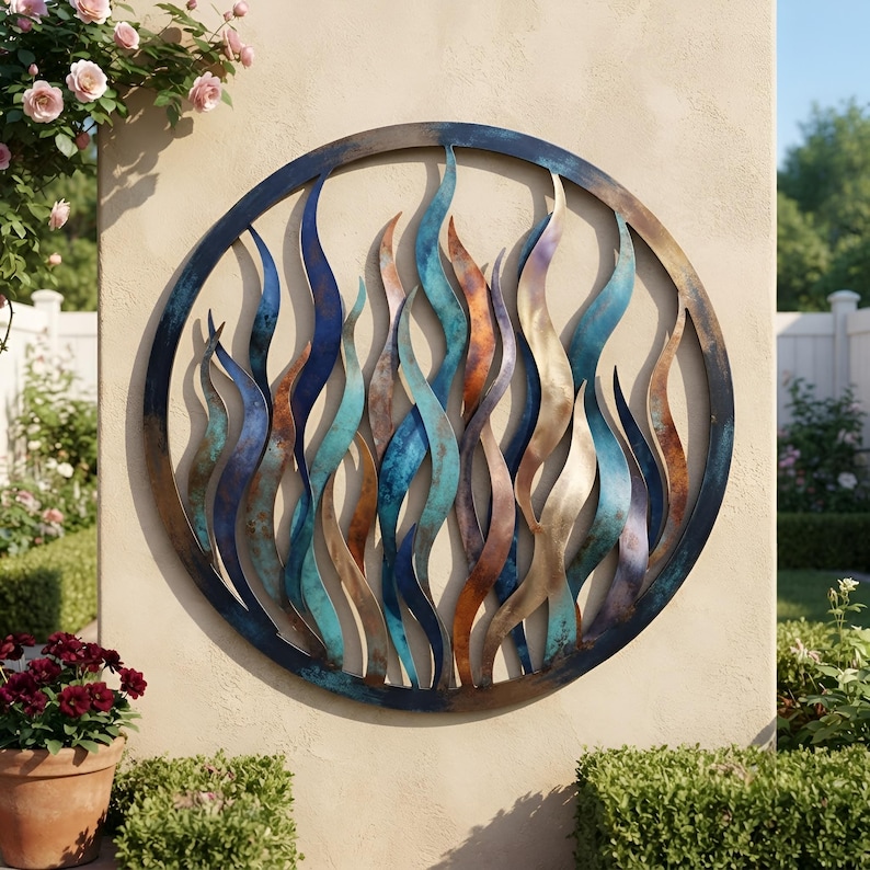 Sea Grass Metal Wall Art, Coastal Ocean Wall Decor, Blue Patina Round