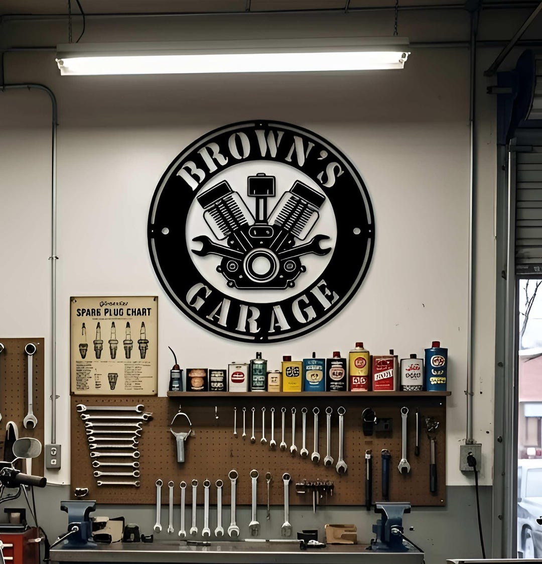 Small R Engine Shop Sign Custom Garage Metal Sign, Personalized Mechanic Wall Decor, Round ...
