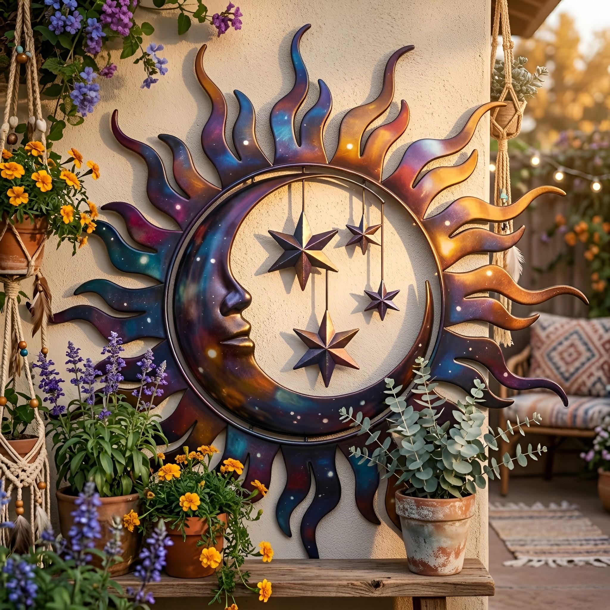 Celestial Sun Moon Metal Wall Art, Boho Moon and Stars Wall Decor ...