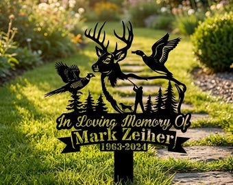 Custom Hunter Memorial Sign,Hunting Memorial Garden Stake,Metal Deer and Duck Garden Stake,Wildlife Outdoor Remembrance Sign