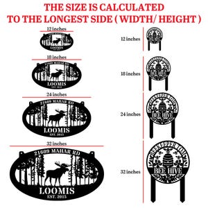Puede incluir: Letreros de metal negro con siluetas de bosque y alce, disponibles en varios tama&ntilde;os de 30,48 cm a 81,28 cm. Incluye texto: "21609 Mahar Rd" y "Loomis Est. 2015". Tambi&eacute;n, un letrero con tem&aacute;tica de abeja.