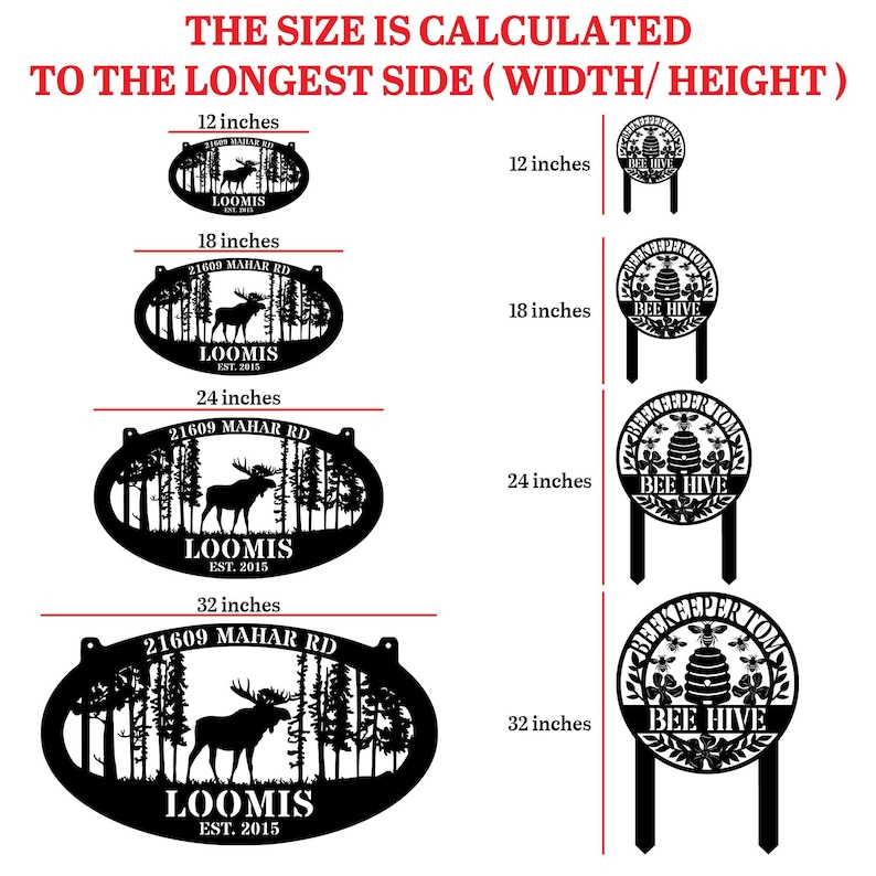 Puede incluir: Letreros de metal negro con siluetas de bosque y alce, disponibles en varios tama&ntilde;os de 30,48 cm a 81,28 cm. Incluye texto: "21609 Mahar Rd" y "Loomis Est. 2015". Tambi&eacute;n, un letrero con tem&aacute;tica de abeja.