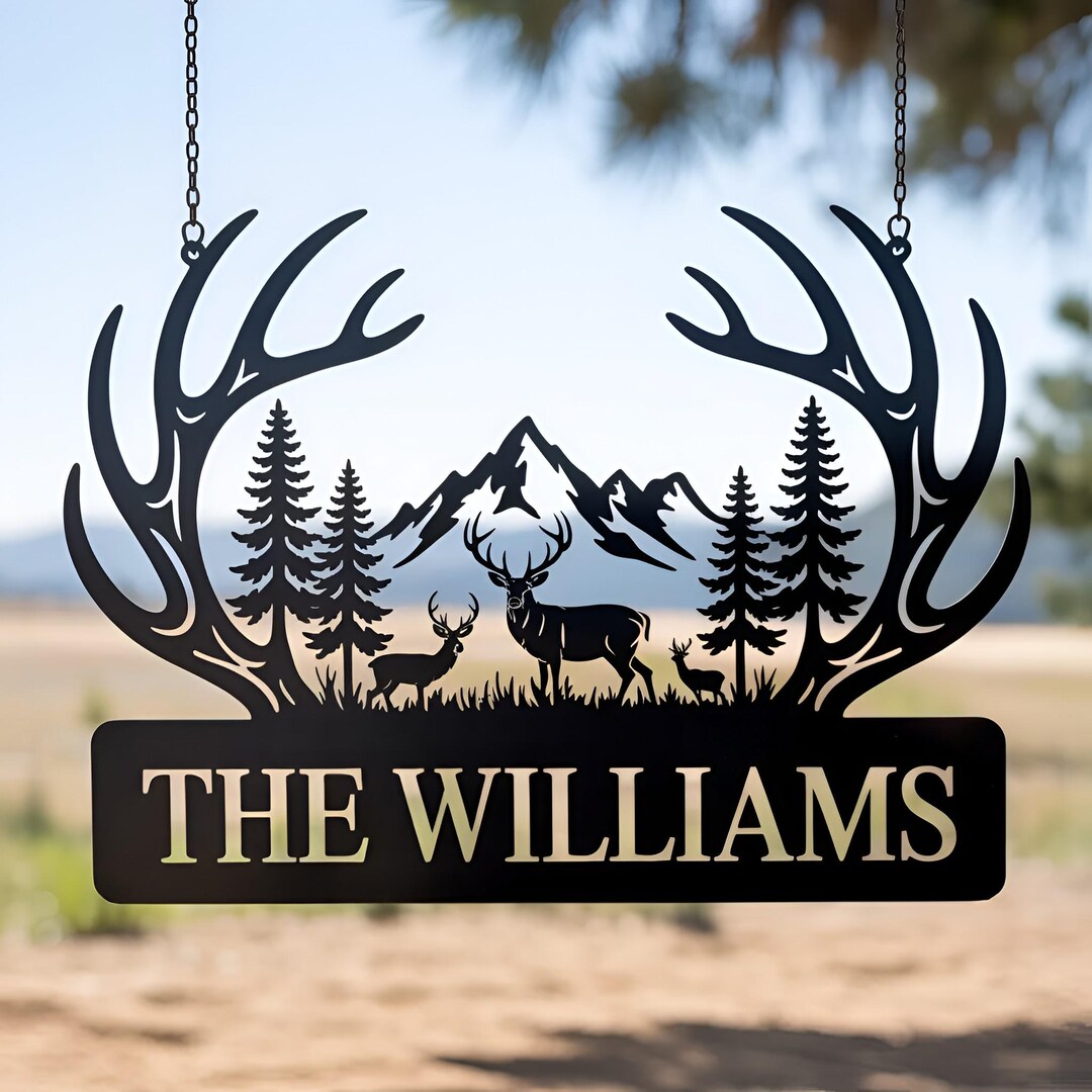 Personalized Deer Antler Metal Sign, Custom Family Name Wall Art, Cabin ...