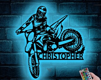 Custom metalen bord crossmotor met ledlicht, motorcross biker metalen muurkunst, bord mangrot, cadeau motorrijder, naambord rijder