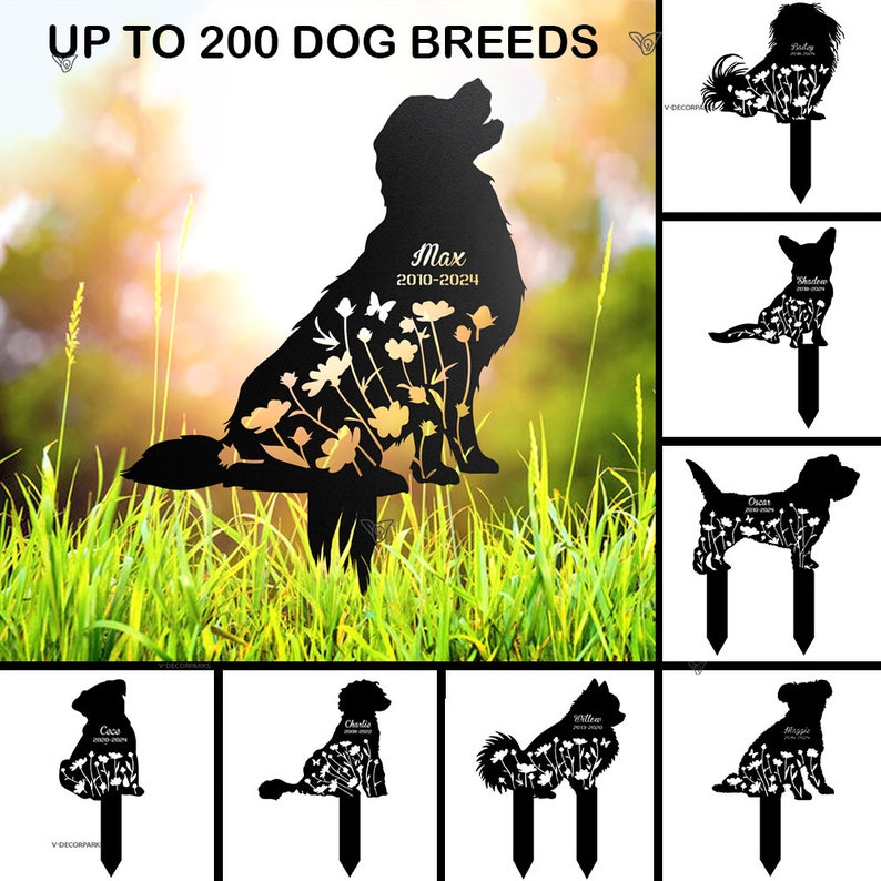 May include: Black metal dog memorial garden stakes. The stakes feature various dog breeds with floral and butterfly cutouts. The main stake has the name "Max" and the years "2010-2024". The text "UP TO 200 DOG BREEDS" is at the top.