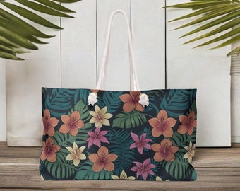Tropical Hibiscus Plumeria Weekender Bag | Boho Chic | Beach Bag | Overnight Bag | Botanical Illustration | Flowering Gift