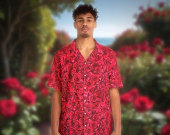 Rose Men's Hawaiian Shirt | Botanical Illustration | Coastal | California | Vacation | Summer | Beach | Gift for Him | Flowering Gift