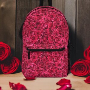 Rose Schultasche Blumen-Liebhaber-Valentinstag-Geschenk-Ideen für ihren roten Rucksack | Boho-Chic | Schultüte | Illustration einer botanischen Illustration