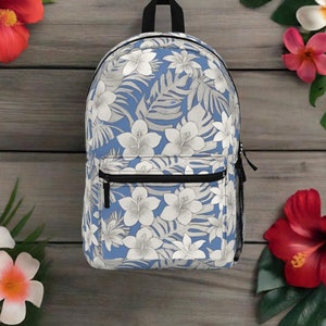 Tropischer Hibiscus Plumeria Baby Blauer Rucksack | Boho-Chic | Schultüte | Botanische Illustration | Blühendes Geschenk