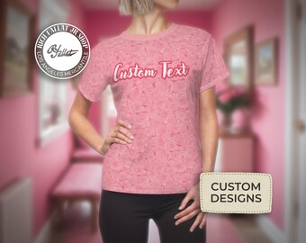 Custom Pink Rose Women&#39;s Cut & Sew Tee | Boho Chic Apparel | Botanical Illustration | Coquette | Shabby Chic | Flowering Gift | Custom Text