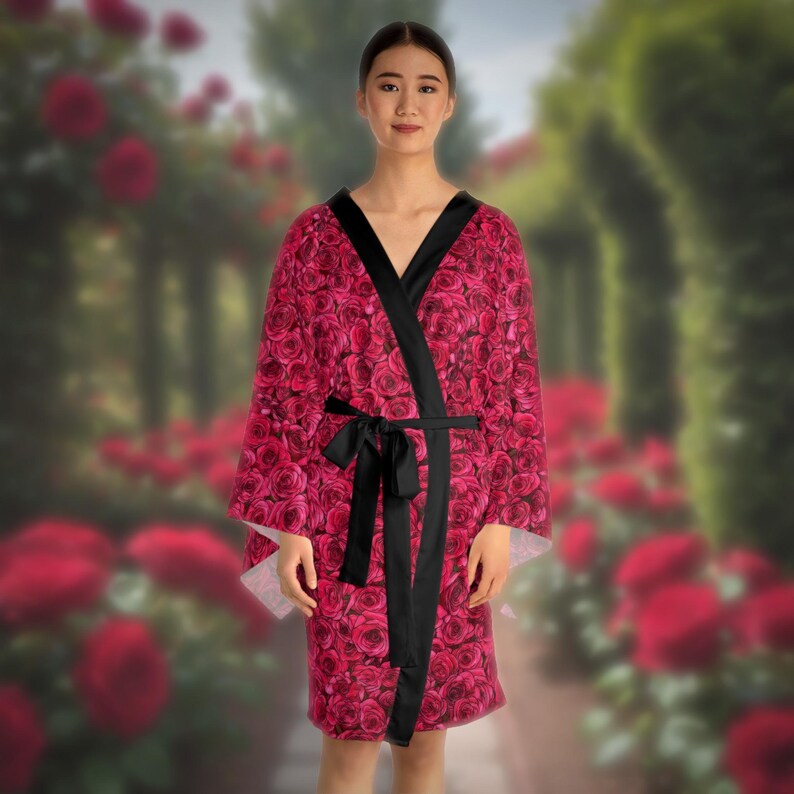 Rose Long Sleeve Boho Chic Kimono Robe Aop Botanical Illustration 