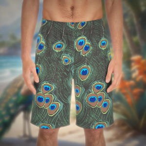 Peacock boardshort voor heren | Natuurillustratie | Kust | Californië | Vakantie | Zomer | Strand | Cadeau voor hem