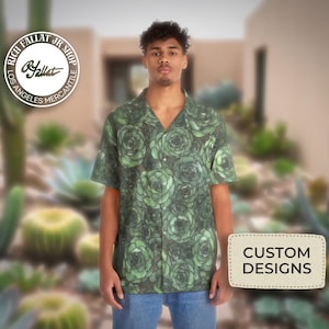 Succulent Men&#39;s Hawaiian Shirt | Botanical Illustration | Southwestern | Coastal | California | Vacation | Summer | Beach | Gift for Him