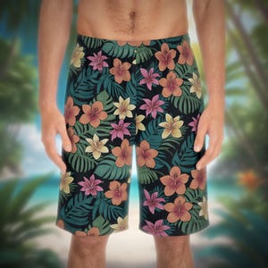 Boardshort voor heren Tropical Hibiscus Plumeria | Botanische illustratie | Kust | Californië | Vakantie | Zomer | Strand | Cadeau voor hem