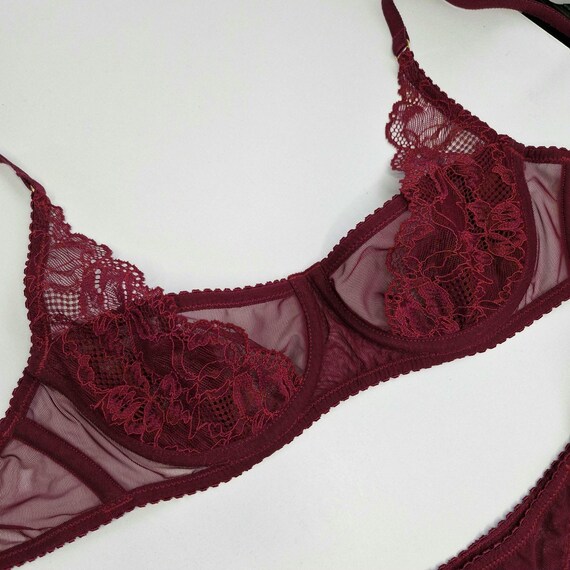 Burgundy Lace Mesh Lingerie Set  Balconette Bra and Thong | Sheer Romantic  Underwear | Luxury Bridal or Everyday Lingerie Gift - Etsy