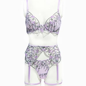Lavender Lingerie Set – Handmade Embroidered Sheer Mesh, Bra, Garter Belt & Adjustable Panties, Bridal / Romantic