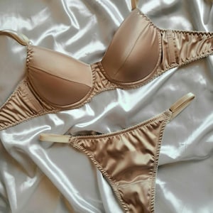 Beige satin underwear, second skin satin lingerie set,  delicate lingerie, custom tailoring underwear