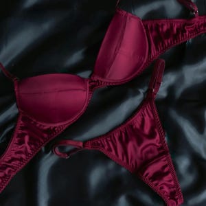 Burgundy satin underwear,  delicate lingerie, custom tailoring underwear, plunge bra