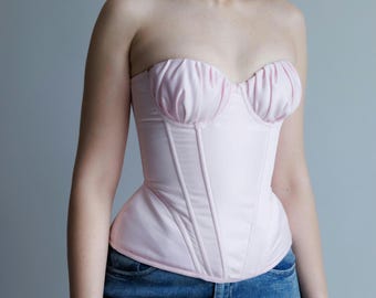 Blush Pink Satin Corset with Draped Cups | Push Up Bustier | Custom Size Lingerie | Lace Up Back