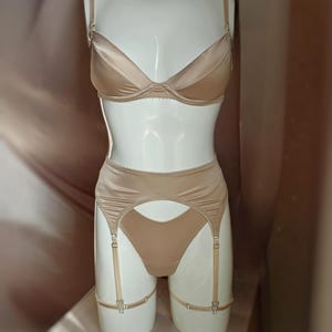 Beige satin underwear, plunge bra ,second skin satin lingerie set,  delicate lingerie, custom tailoring underwear