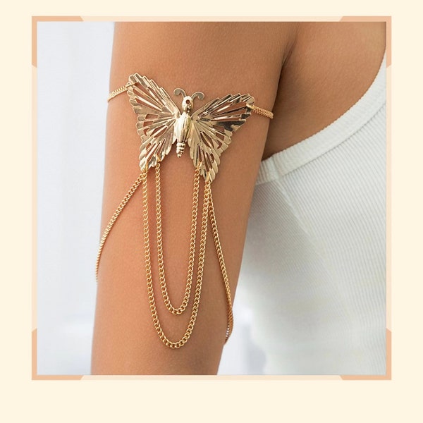 Chic Minimalist Arm Cuff: Gold or Silver Upper Arm Bracelet Band with Butterfly Detail, Perfect Body Chain Accessory and Gift