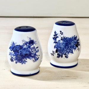Vintage Ceramic Salt & Pepper Shakers White with Blue Floral Designs