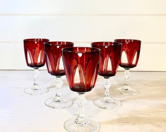 French Vintage Ruby Red Luminarc Arcoroc Cristal D’arques Gothic Wine Glasses x5