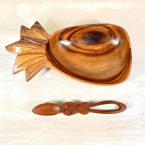Vintage Wooden Teak Pineapple Shaped Serving Bowl With Hand Carved Wooden spoon