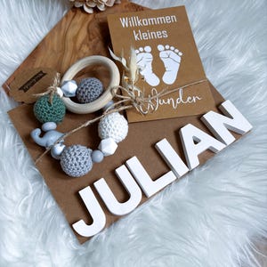 personalisiertes Geschenk zur Geburt | Babyrassel als Geschenk zur Geburt | Geschenkidee zur Babyparty | handgemachtes Geschenk Dino salbei
