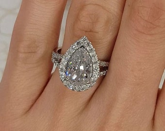 4.00 Ct Pretty Pear Cut Moissanite Engagement Ring, visible Halo moissanite Ring, Classic Pave Bridal Ring, Vintage Style Ring, Split Shank