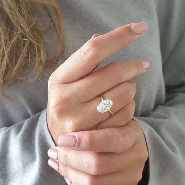 Stunning 3.00 Ct Oval Cut Moissanite Engagement Ring, Pretty Dainty Ring, Claw 4 Prongs, Unique Solitaire Ring, Wedding Ring, Hidden Halo