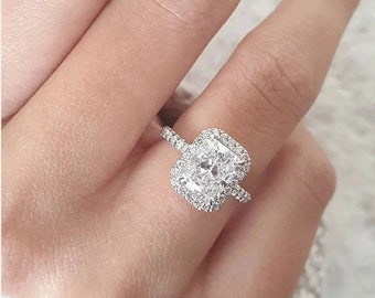 Dazzling 3 Ct Radiant Cut Moissanite Engagement Ring, Unique Halo Wedding Ring, Classic Pave Ring, Bridal Solitaire Ring, Vintage Style Ring