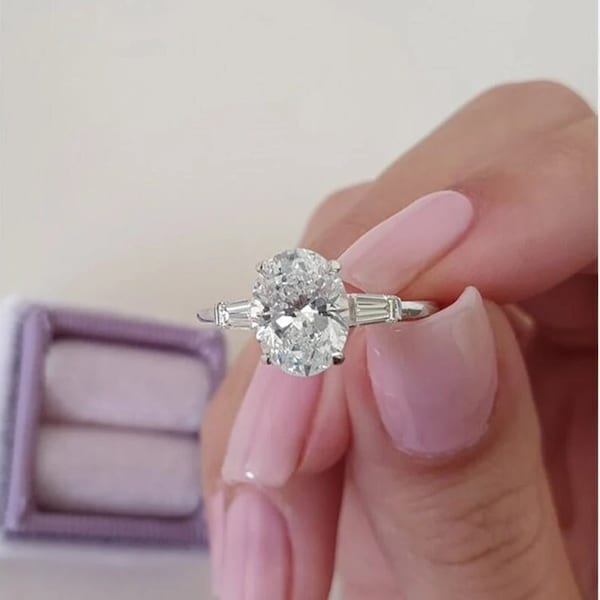 2.50 Ct Oval Moissanite Engagement Ring, Divergent Three Stones-Prongs Ring, Unique Solitaire Ring, Wedding Ring, Anniversary Promise Ring