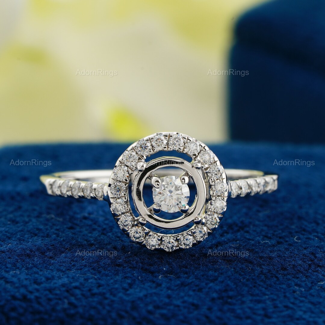 Round Moissanite Semi Mount Ring, Round Moissanite Double Halo Wedding