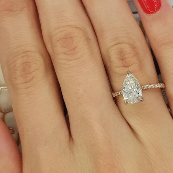 1.50 Ct Pear Moissanite classy Ring, Pear Engagement Ring, Unique Two-tone Ring, Pave Bridal Solitaire Ring, Vintage Style Ring, Bridal Ring