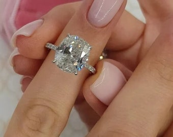 4.50 Ct Squire Cushion Cut Moissanite Engagement Ring, Classic 4 Prong Ring, Moissanite Pave Solitaire Ring, Dainty Ring & Hidden Halo Ring