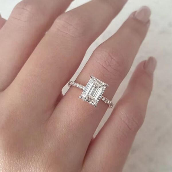 2Ct Emerald Cut Moissanite Engagement Ring, Classic Two-tone Ring, Pave Solitaire Ring, Invisible Halo, Anniversary Gift, Claw 4 Prongs Ring