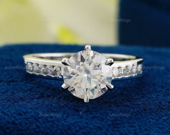 Moissanite Engagement Ring, Round 1.70 CT Moissanite Ring, Channel Set Accent Diamond Ring 14k White Gold, Wedding Ring, Promise Ring