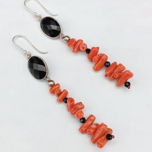 Women's earrings, real Sardinian red coral, 925 white silver, black onyx, long pendants, worked in Torre del Greco