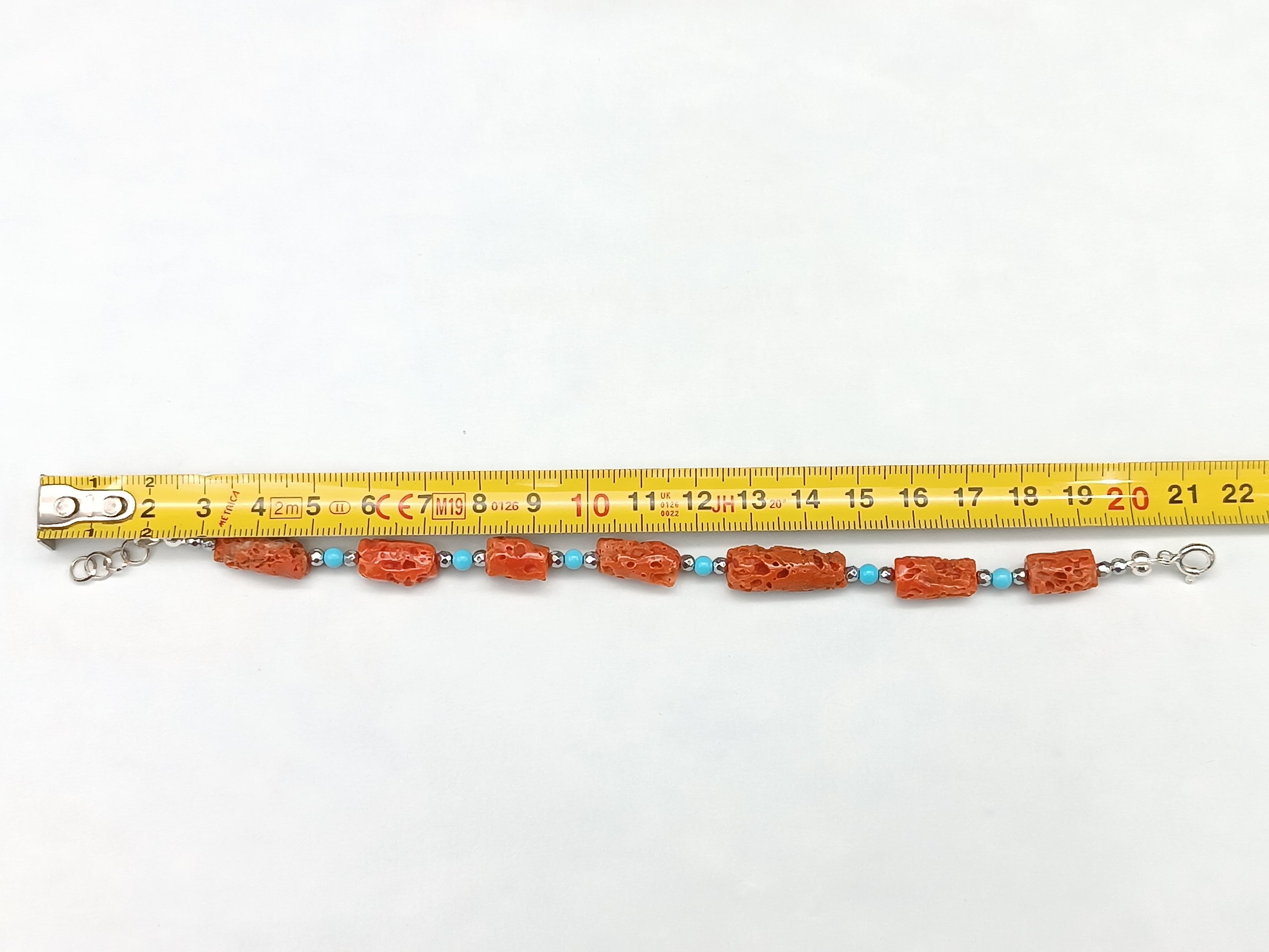 Bracelet Unisexe Corail Rouge Naturel Et Lave Noire - Argent 925 - 21cm - Pierres Fines Sarde