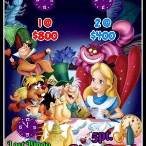 Op de afbeelding: Een kleurrijke illustratie van Alice in Wonderland-personages, waaronder de Hoedenmaker, de Maartse Haas, de Cheshire Cat en Alice. De afbeelding toont een theepartij-setting met een theepot, theekopjes en een klok. De tekst "Last Bingo Bonus Seal!" en "5pt. Bingo Board" zijn ook in de afbeelding opgenomen.